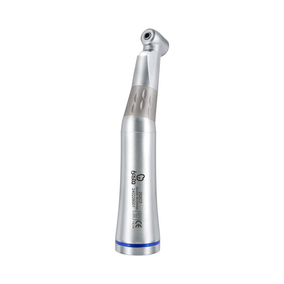 Contra-angle handpiece with blue ring and textured grip band (202C7)