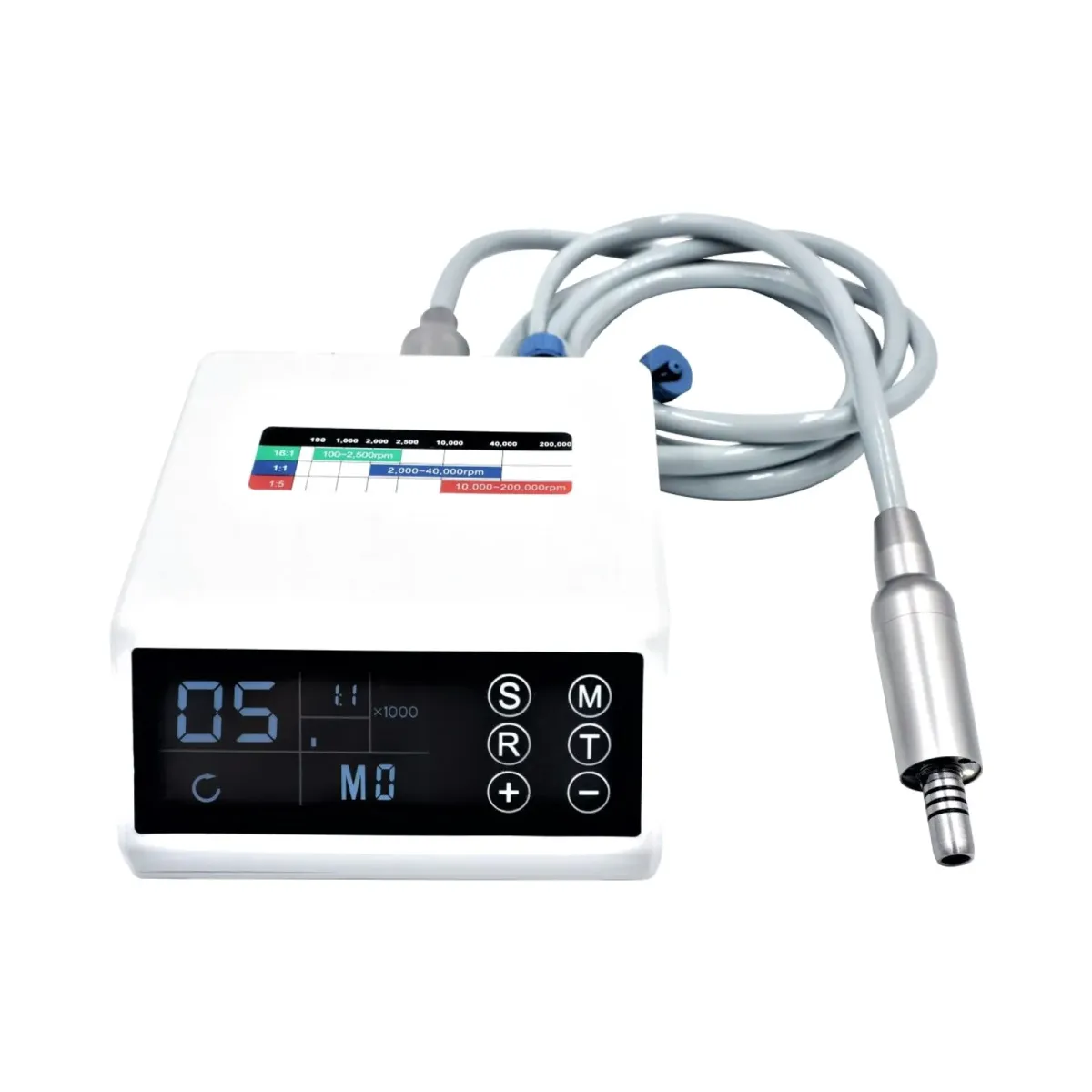 Electric micromotor control unit with touch display and micromotor on its cable
