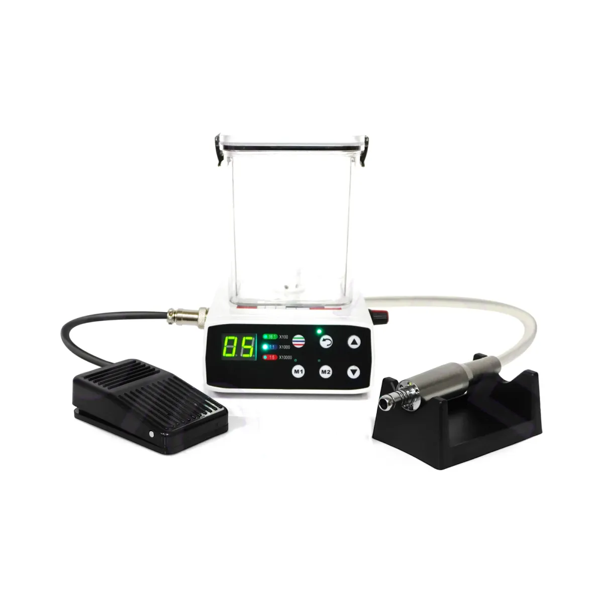 Electric micromotor unit with water tank, LED display, foot pedal and motor in holder