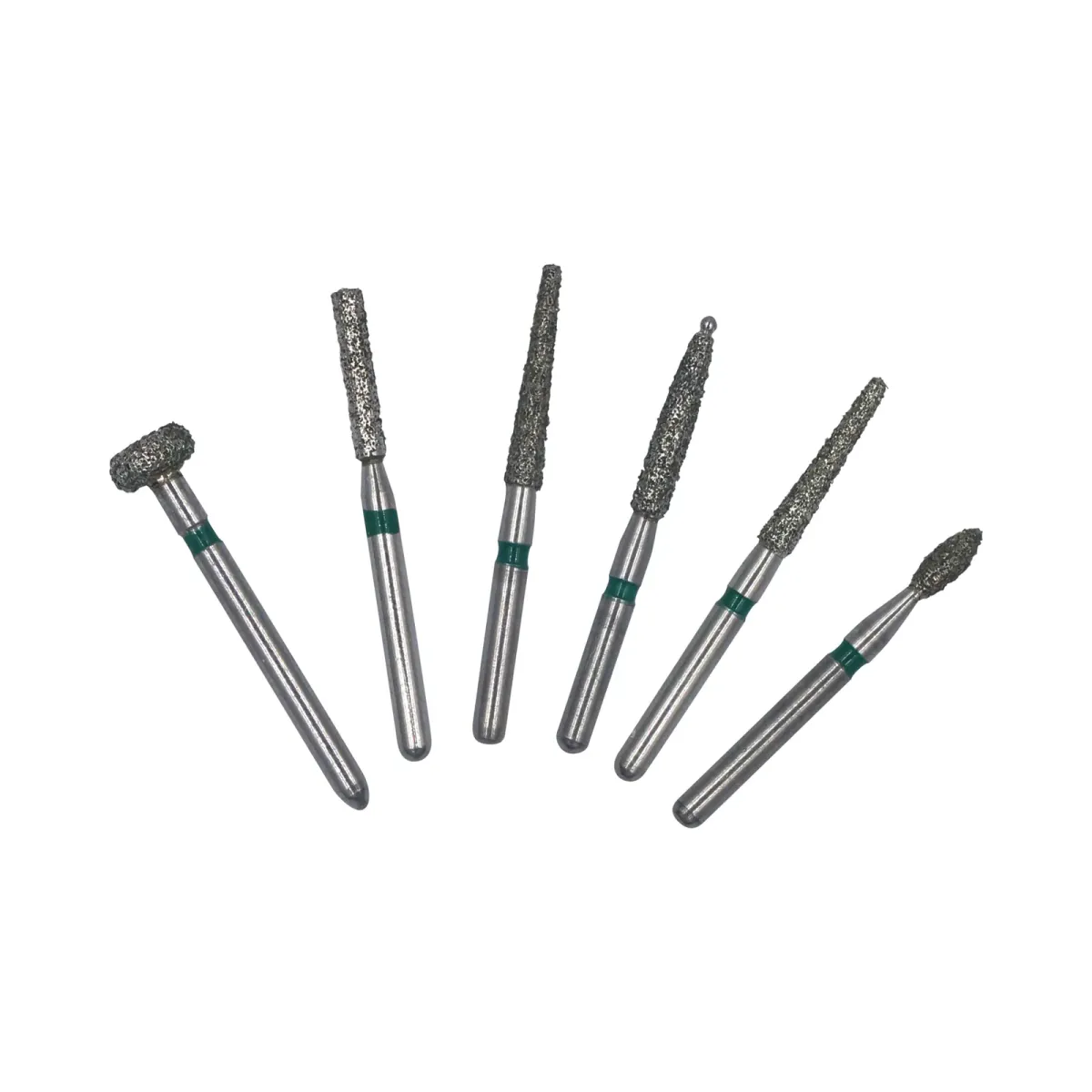 Six FG diamond burs in assorted shapes, green band