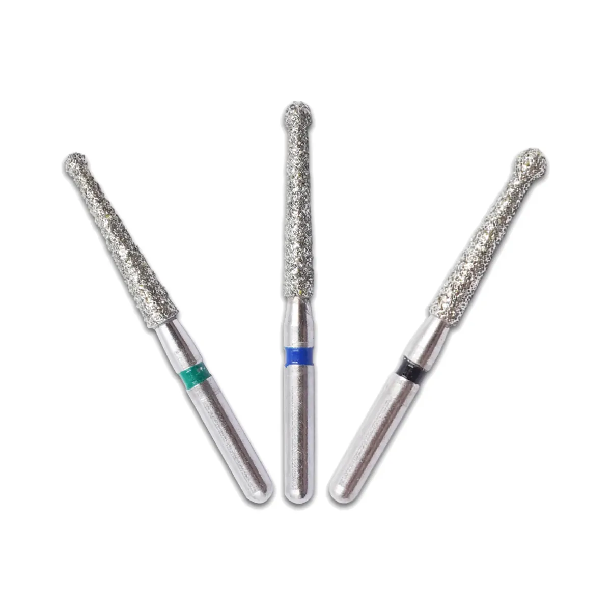 Three tapered round-end FG diamond burs with green, blue and black bands