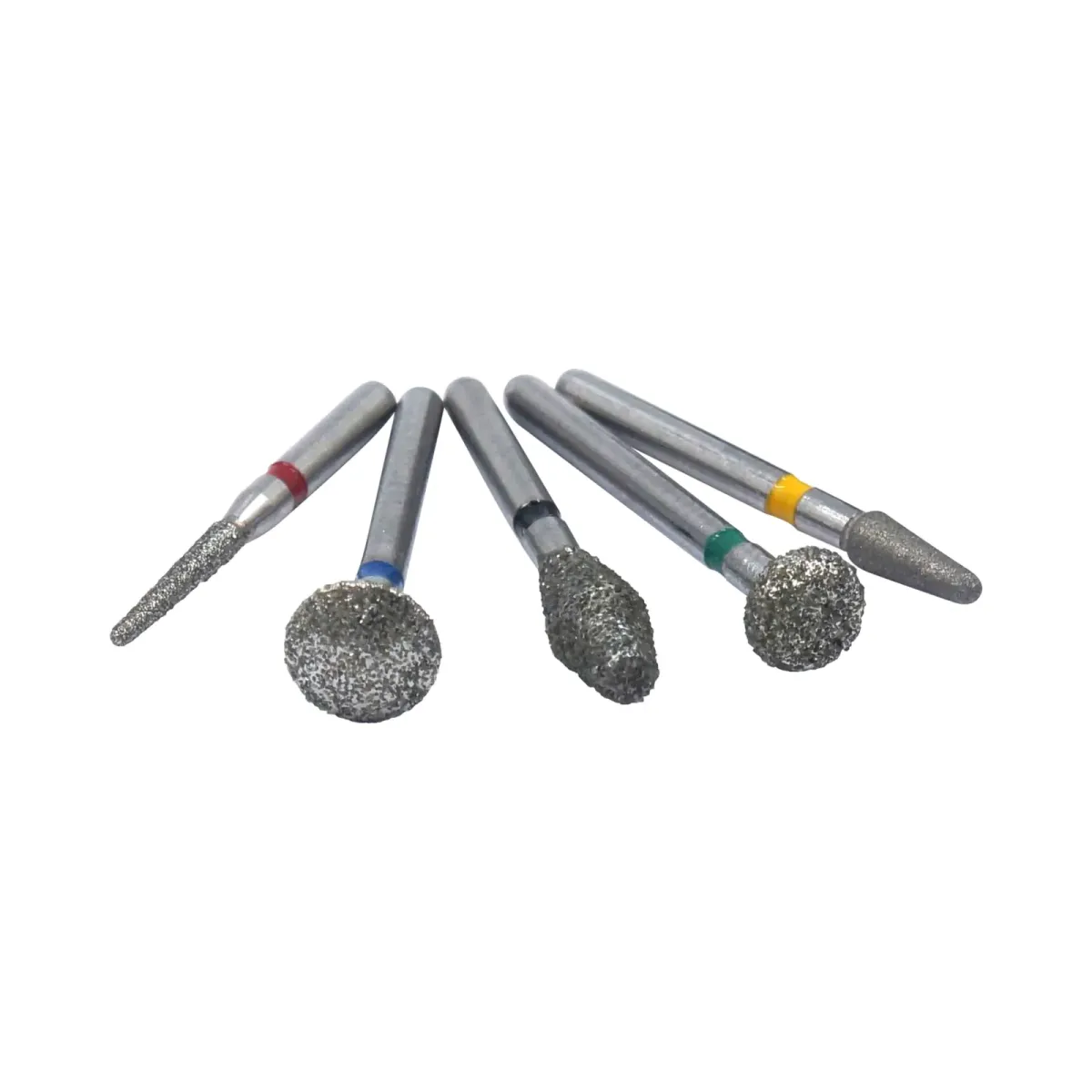 Five FG diamond burs in assorted shapes and grit colours