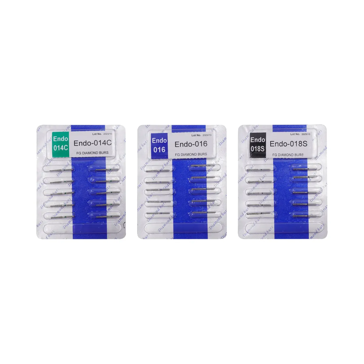 Three blister cards of FG diamond burs (Endo-014C, Endo-016, Endo-018S)