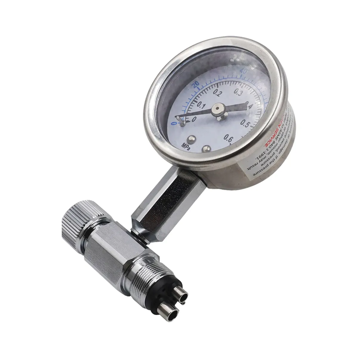 Handpiece air-pressure test gauge with stainless-steel casing and handpiece coupling