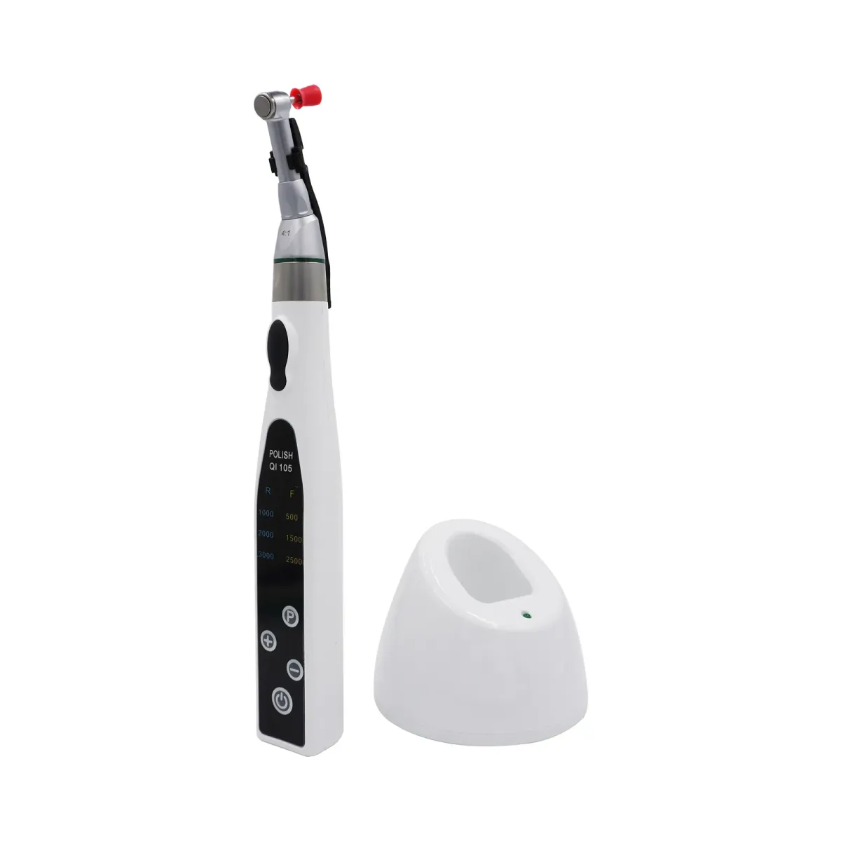 Cordless prophy handpiece (POLISH QI 105) with 4:1 contra-angle, prophy cup and charging base