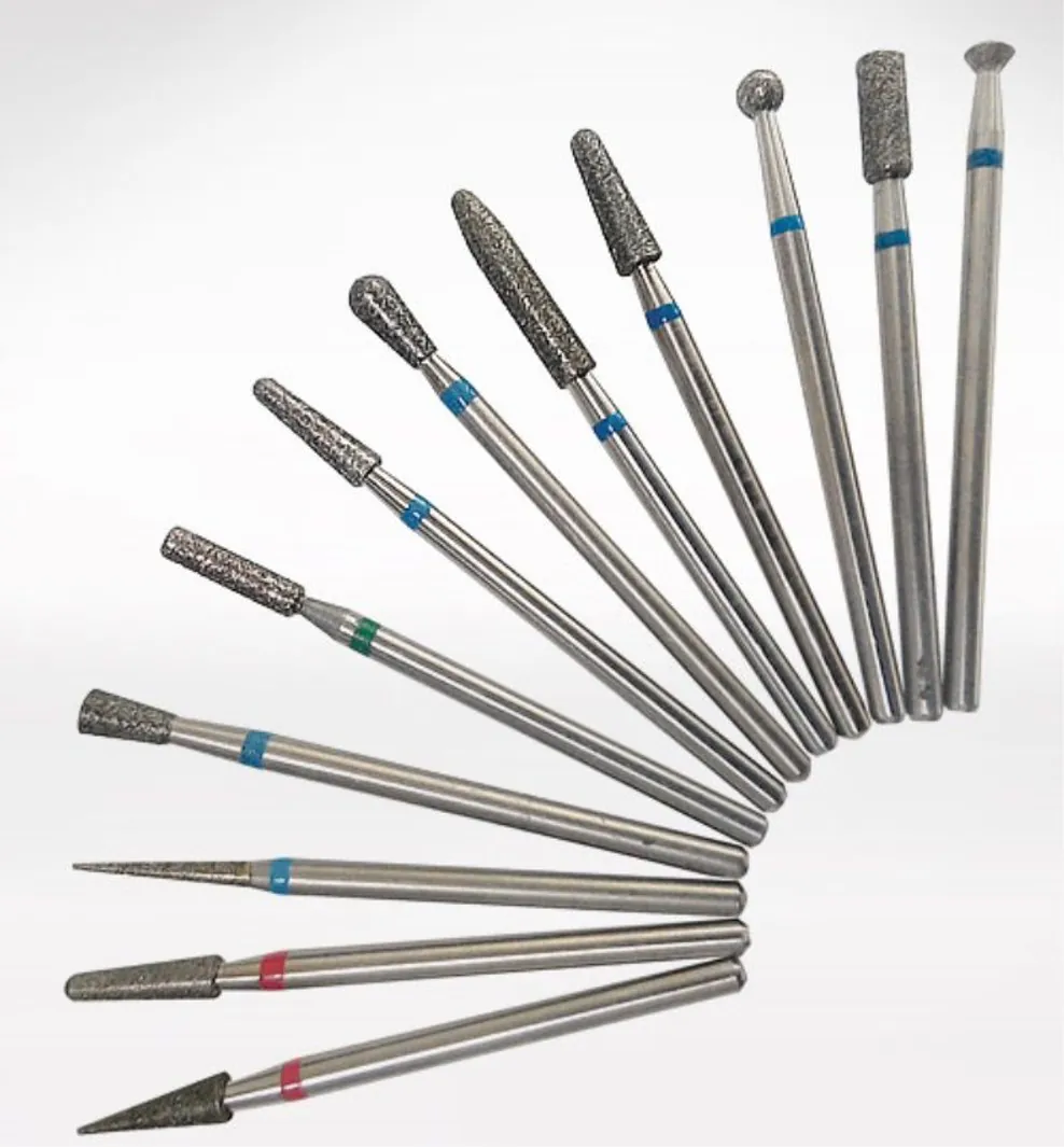 A fan of twelve diamond burs in different shapes, most with a blue ring on the shank