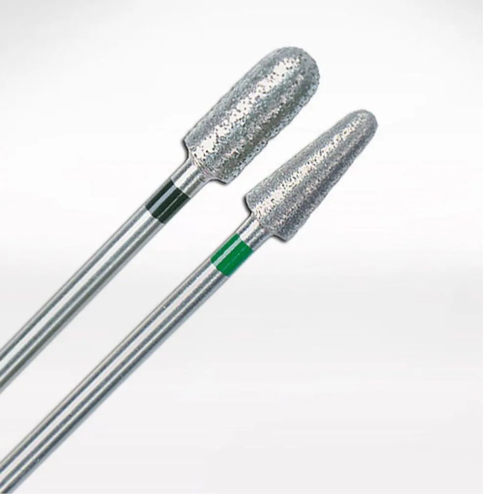 Two diamond burs on long shanks, one with a black ring and one with a green ring